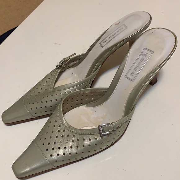 NORDSTROM Leather SLIP ON POINTY TOE HEELS SHOES GREEN Size 6 HEEL MULE - Picture 2 of 9